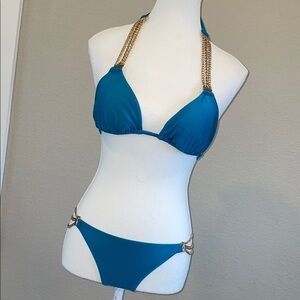 House of CB Teal Bikini with Gold Chain Accents top S bottom M